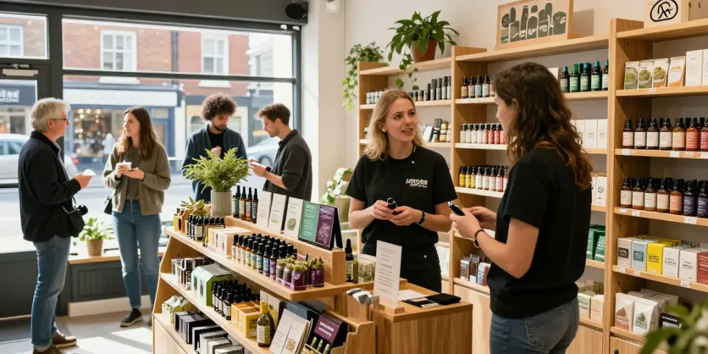 Buy cannabis Luton in a vibrant retail shop scene with budtender assisting customers.