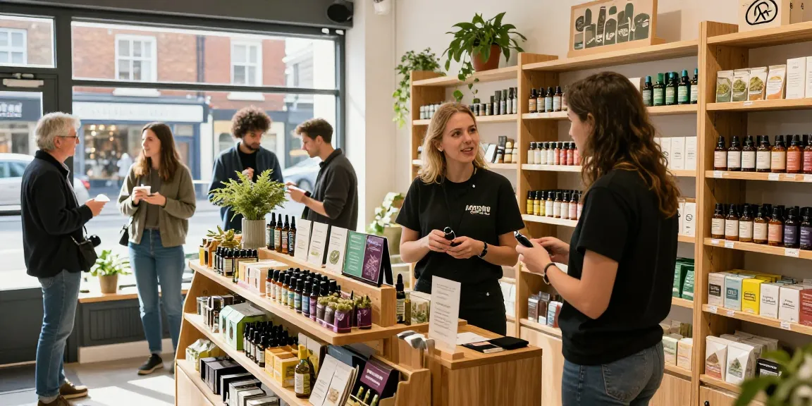 Buy cannabis Luton in a vibrant retail shop scene with budtender assisting customers.