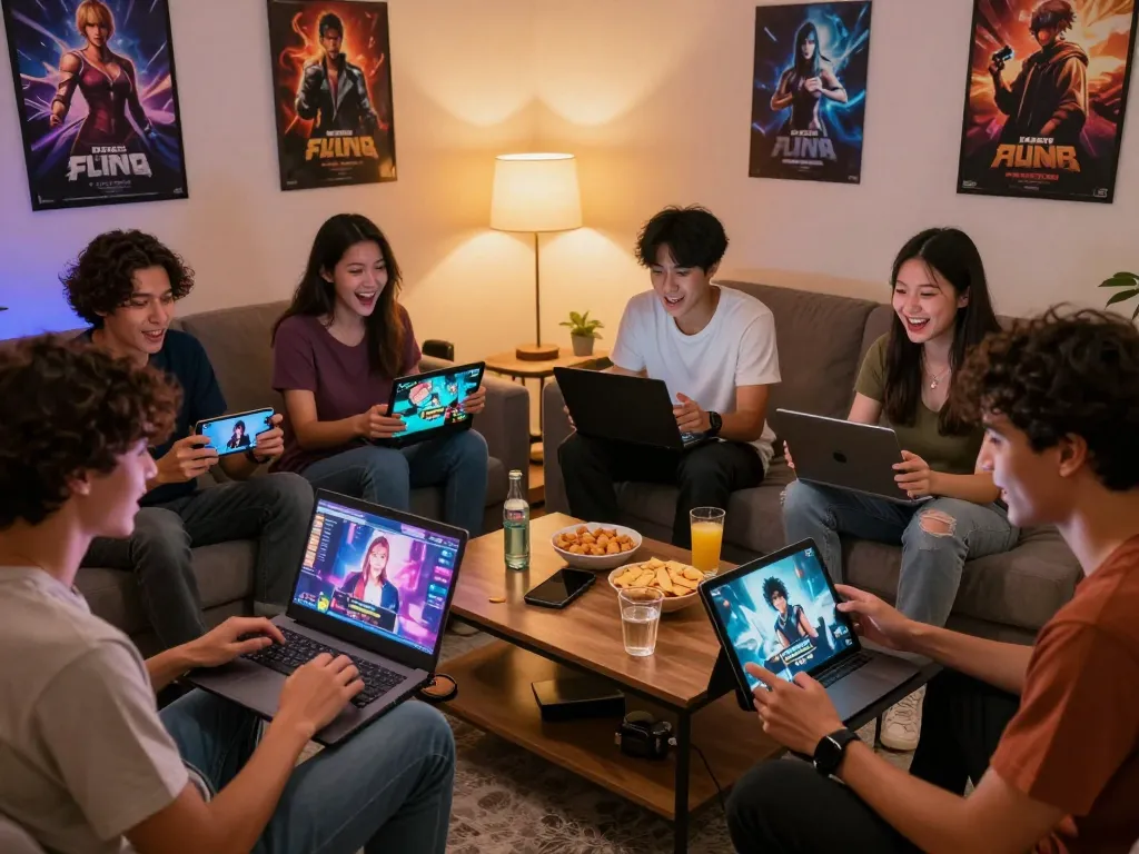 Friends actively playing online sex games together on various devices in a cozy living room setting, showcasing engagement and excitement.