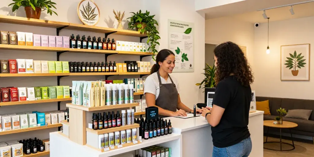 CBD-Shop mit freundlichem Personal und hochwertigen Produkten in einladender Atmosphäre.
