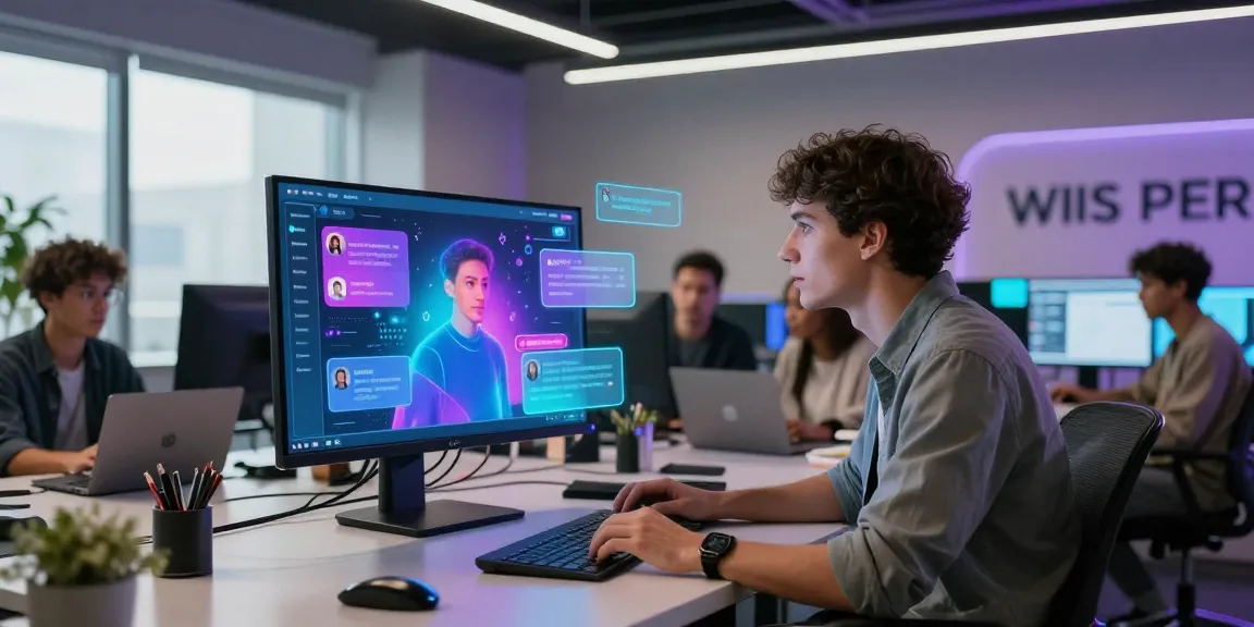 Dynamic user engaging with spicy AI chatbot in modern tech office.