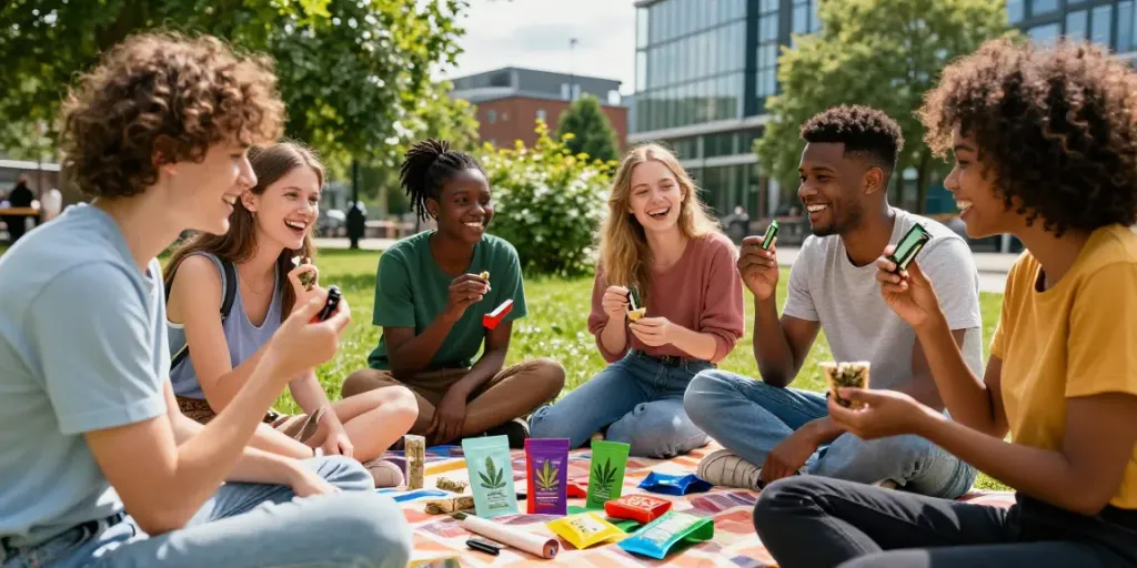 Buy cannabis Luton: young adults enjoying cannabis products outdoors in a vibrant urban park.