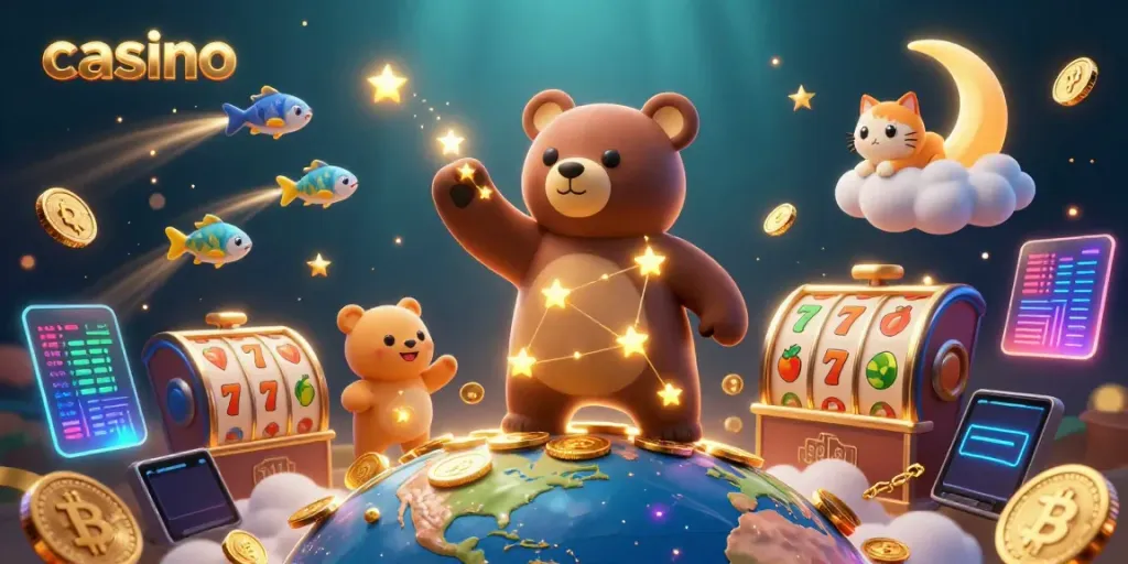 Experience vibrant casino excitement with playful characters scooping coins, surrounded by slot elements.