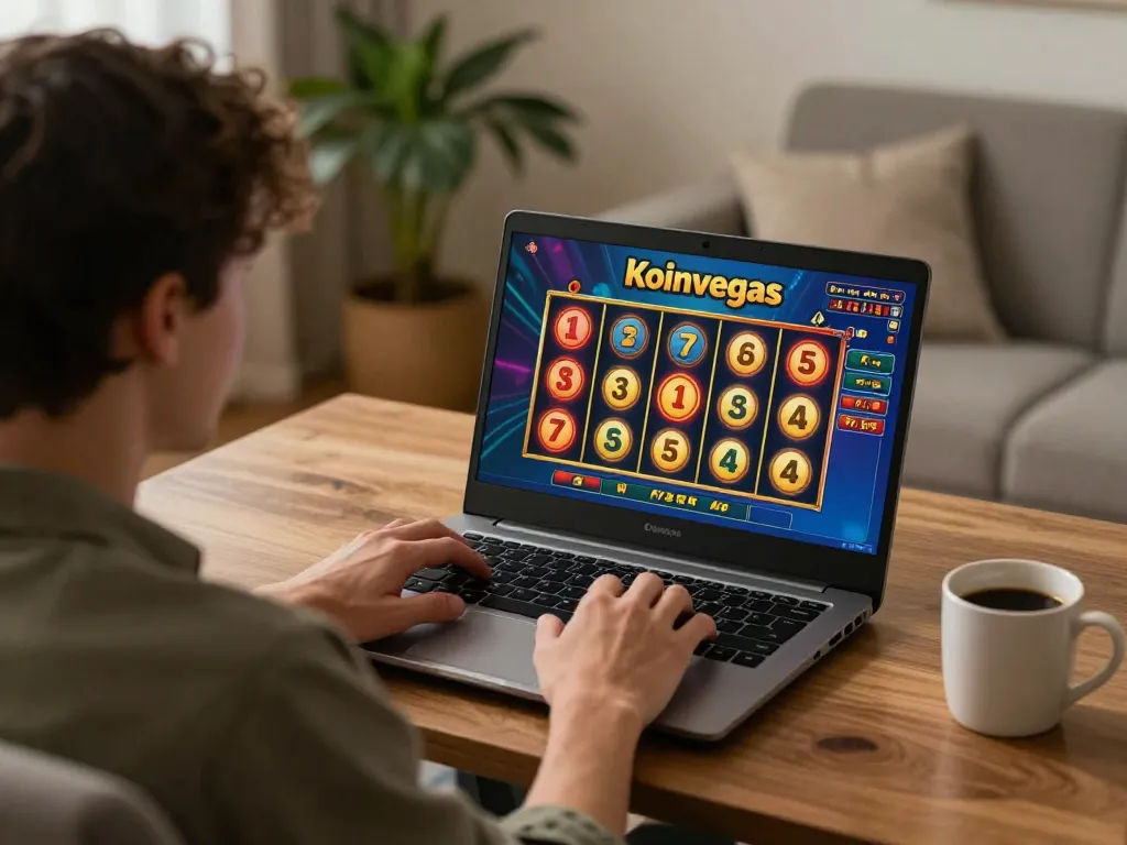 Koinvegas slot gaming session with a player engaged on a laptop in a cozy home environment.