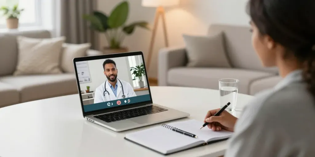 Patient consulting online for an Ohio MMJ card in a cozy home setting.