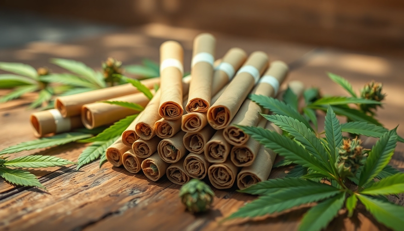 Artfully arranged pre rolled joints on a wooden table with natural decor elements.