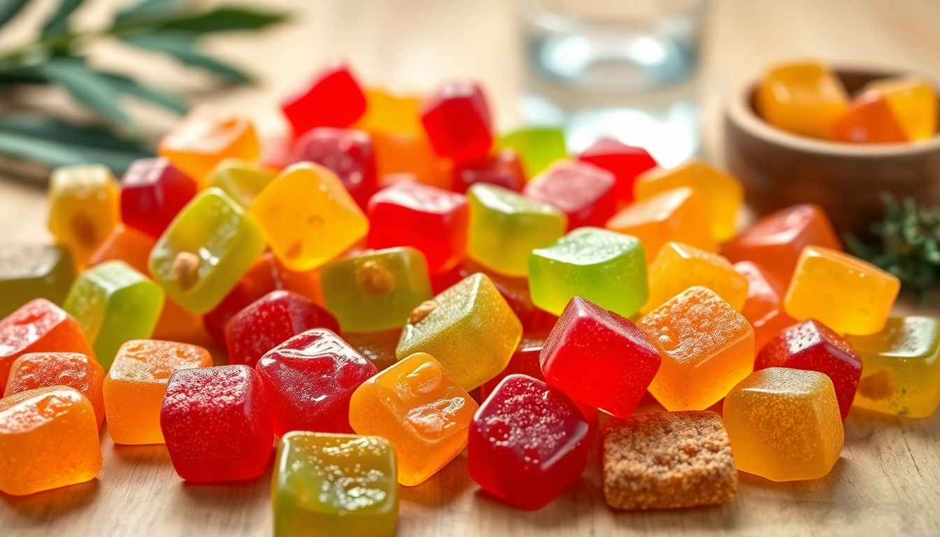 Delicious weed gummies displayed aesthetically on a wooden table, inviting enjoyment.