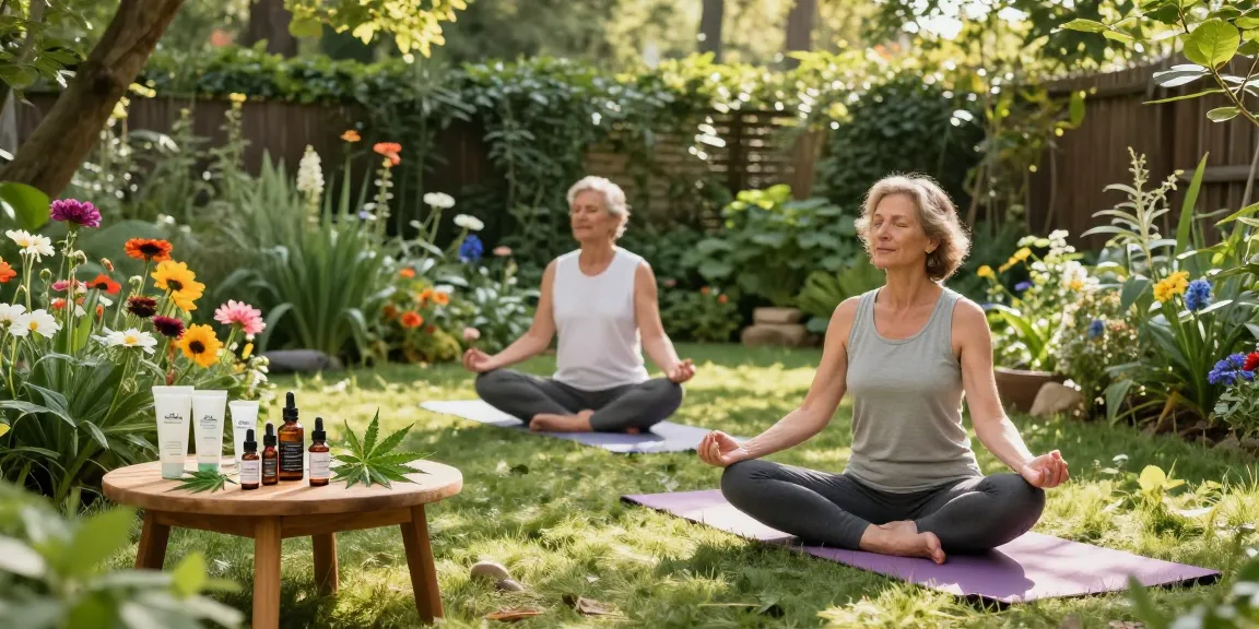 Ministryofcannabis CBD wellness scene with couple practicing yoga outdoors among plants and CBD products, emphasizing natural health.