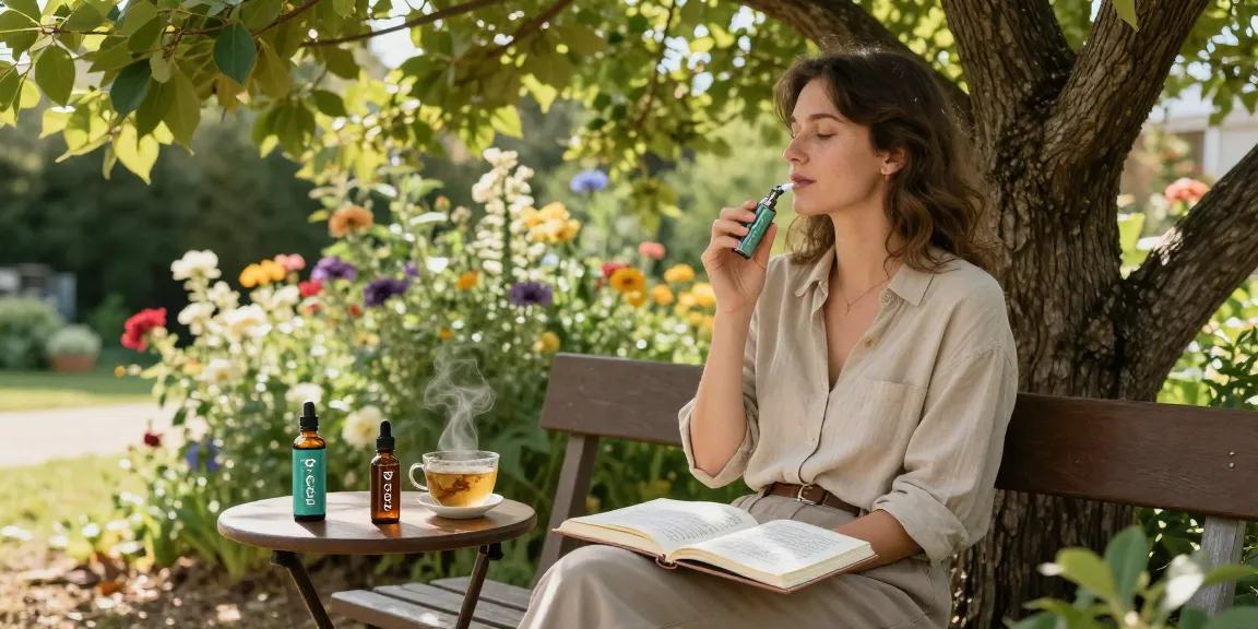 thc disposable vape for wellness, organic CBD oil, relaxing outdoor setting with natural beauty.