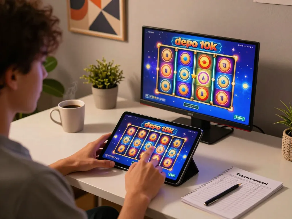 Player engaging in exciting slot depo 10k games on a tablet while managing bankroll in a cozy home setting