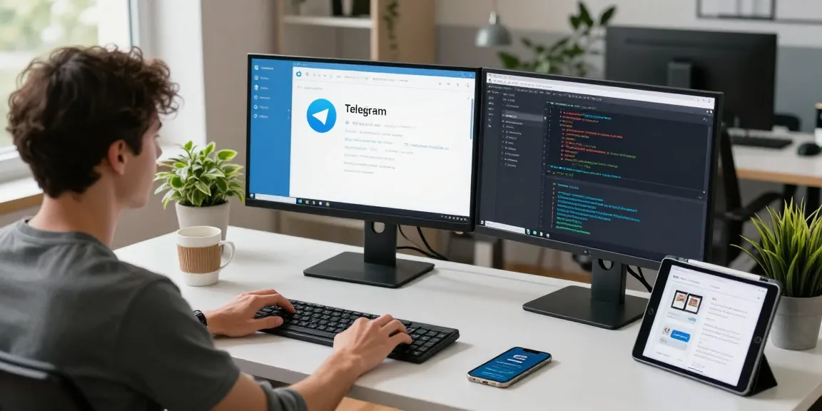 Developer engaged in Telegram download setup in a modern workspace.