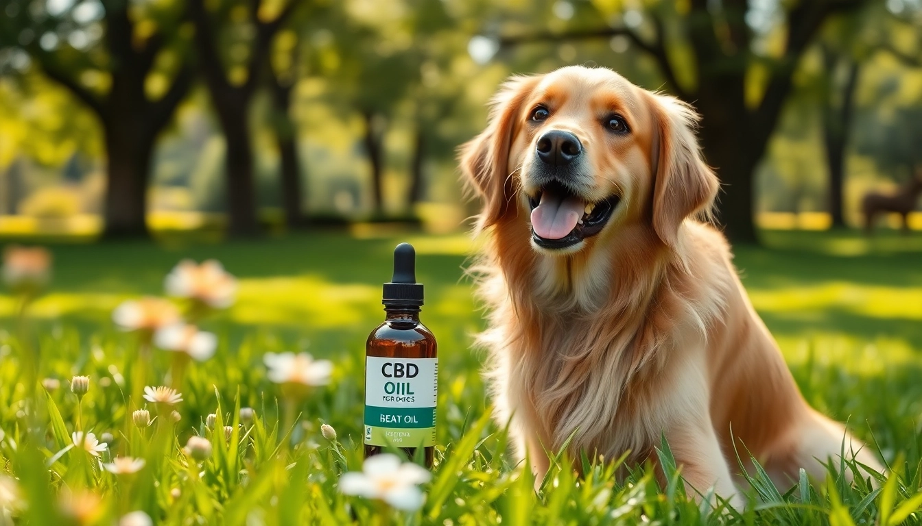 Golden retriever enjoying CBD Oil For Dog in a sunny park setting, radiating health.