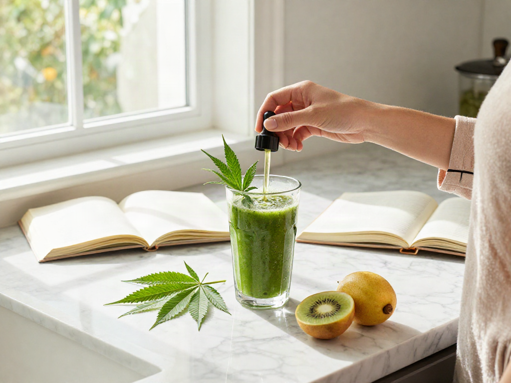 Muha Meds CBD oil integrated into a morning wellness routine with fresh ingredients and natural light.