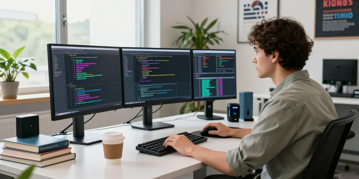 Experienced developer coding at a modern workspace with 24/7 Clones tools and vibrant atmosphere.