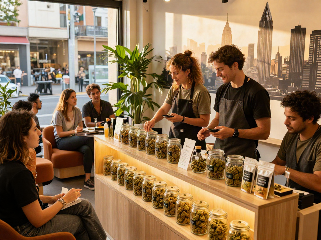 Experience Barcelona Weed Online with friends in a vibrant dispensary showcasing diverse cannabis strains and products.