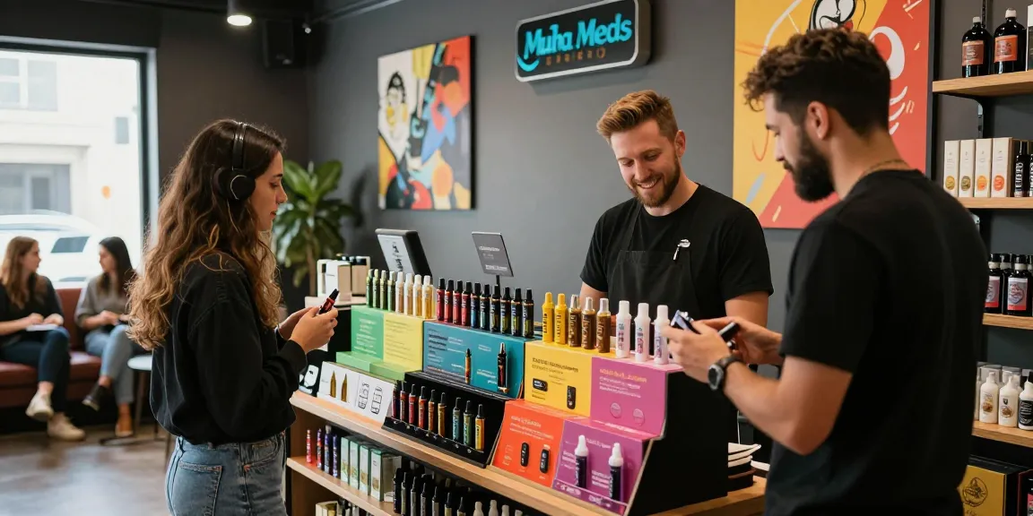 Customer exploring Muha Meds products in a vibrant vape shop