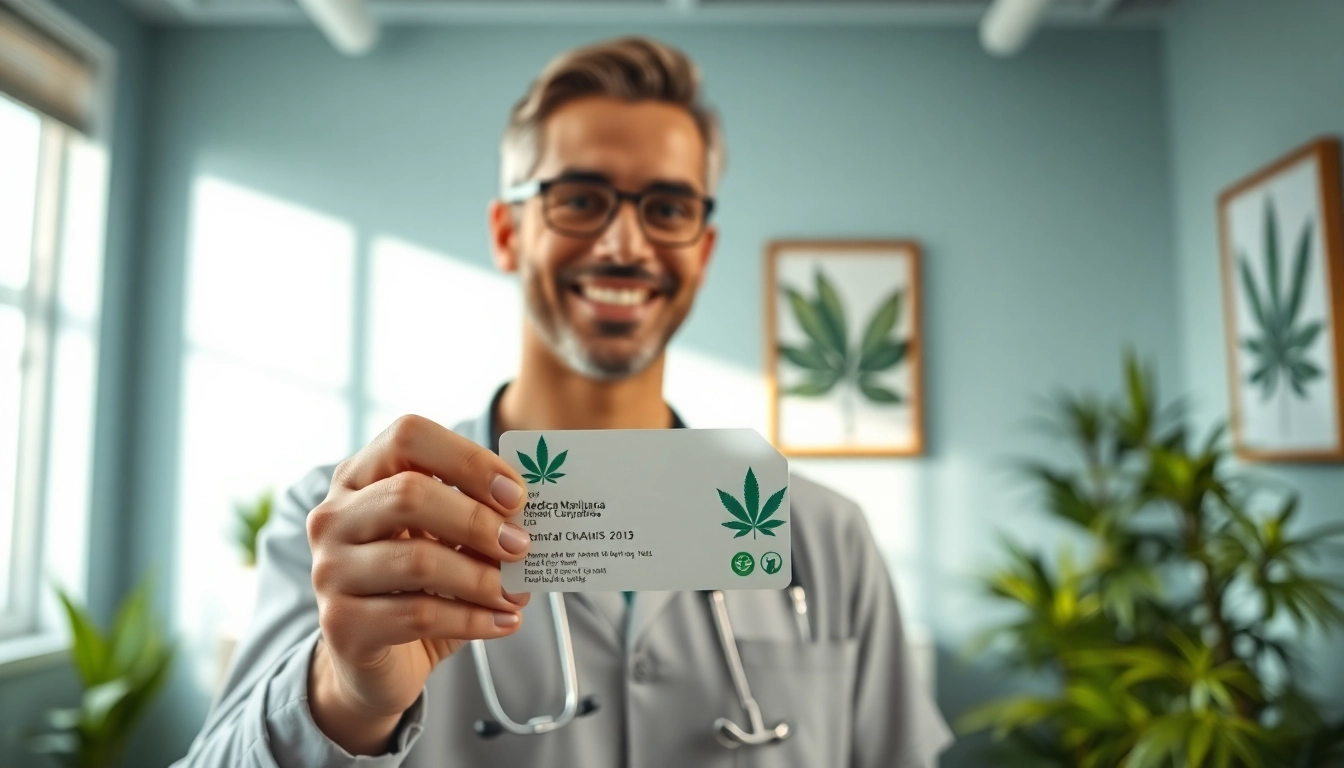 Healthcare professional presenting a Medical marijuana card in a modern clinic.