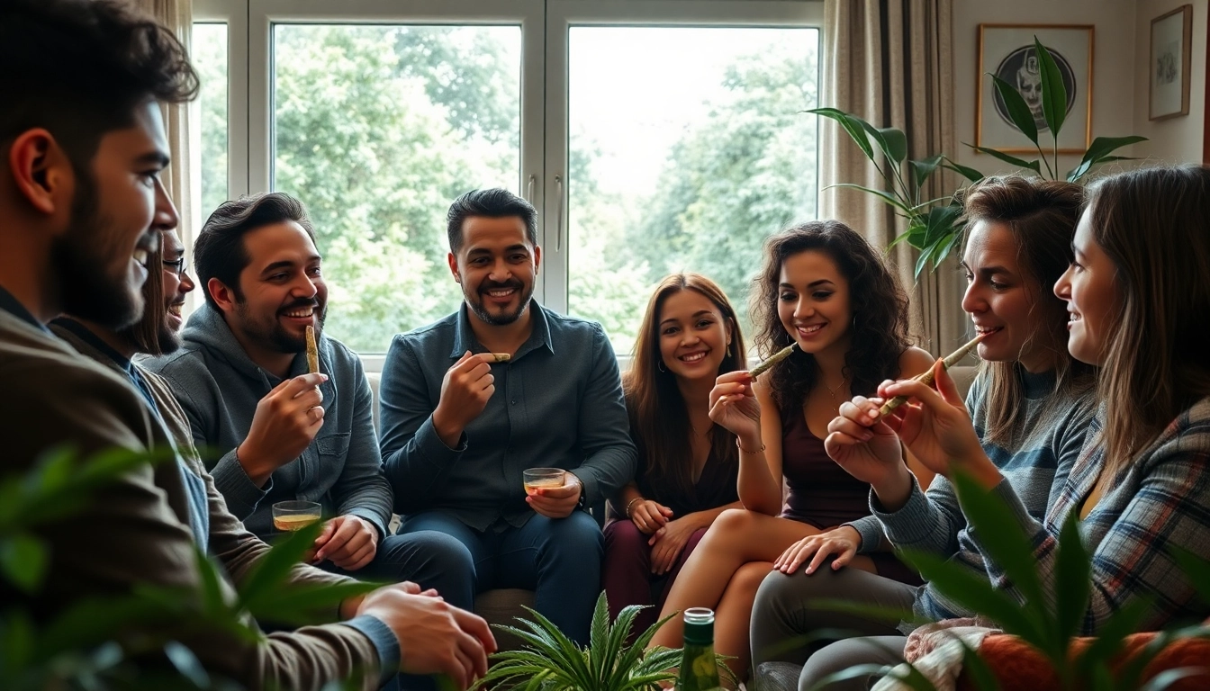 Discover can you buy weed online uk in a friendly gathering showcasing diverse individuals enjoying pre-rolled joints in a cozy living room.