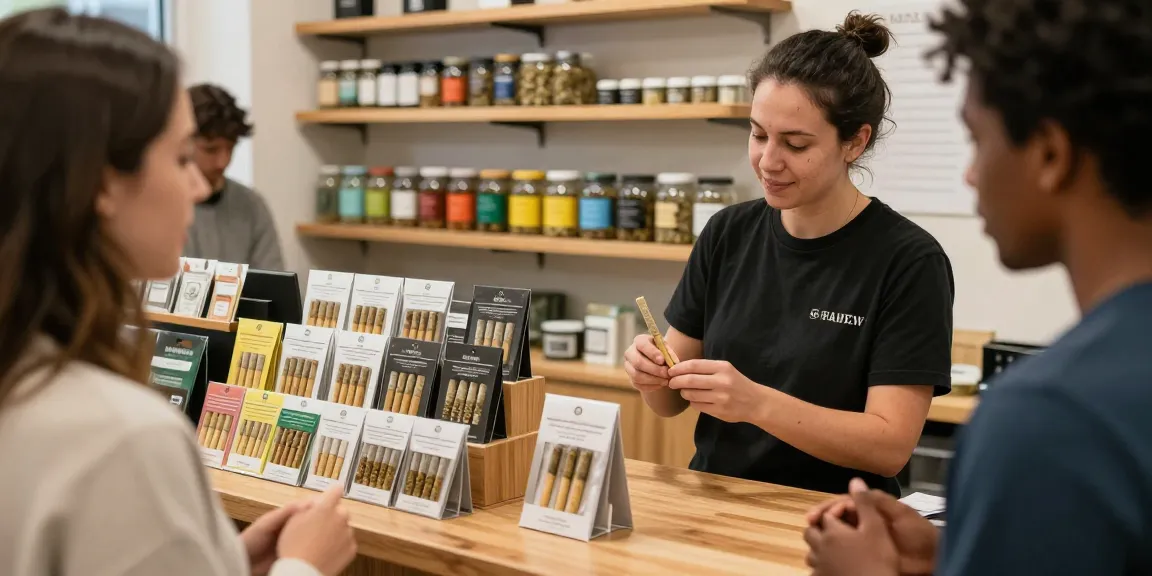 Customers exploring high-quality pre rolled joints in a vibrant dispensary.