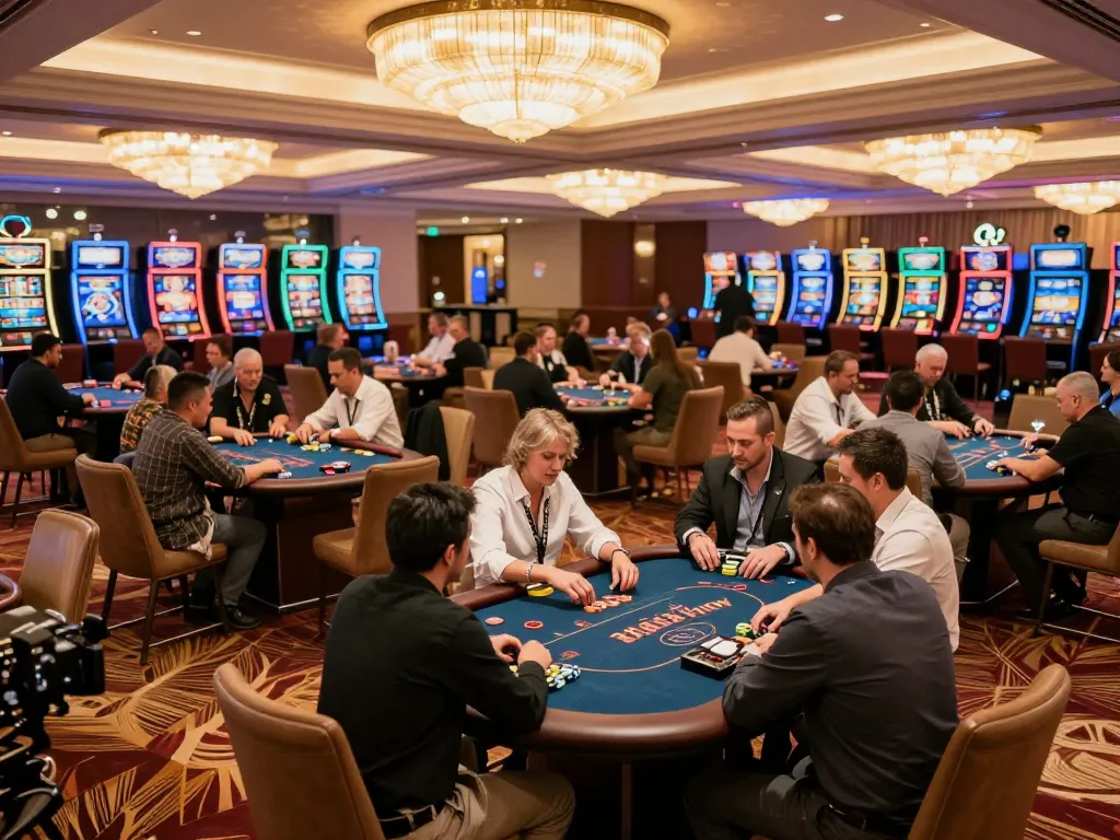 Players at 99win poker tables making strategic moves in an upscale casino environment