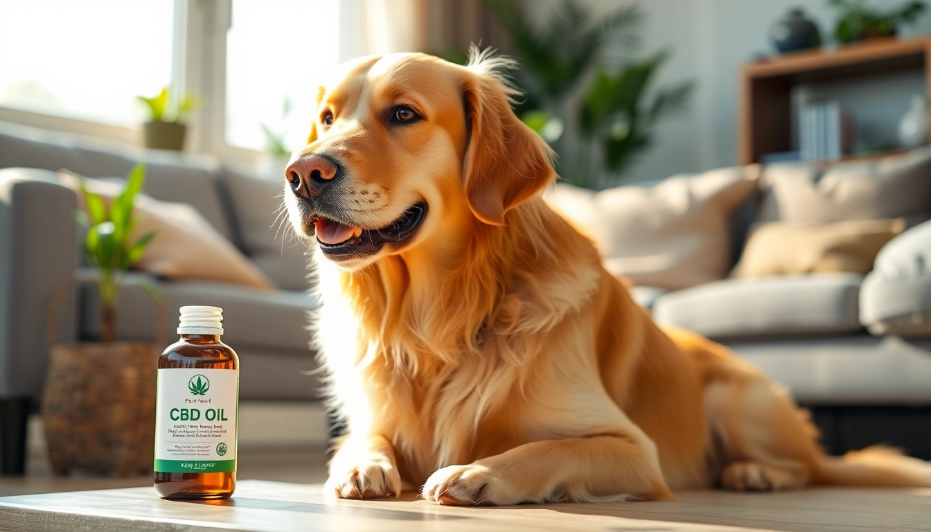 CBD For Pet golden retriever enjoying CBD oil in a sunlit living room.