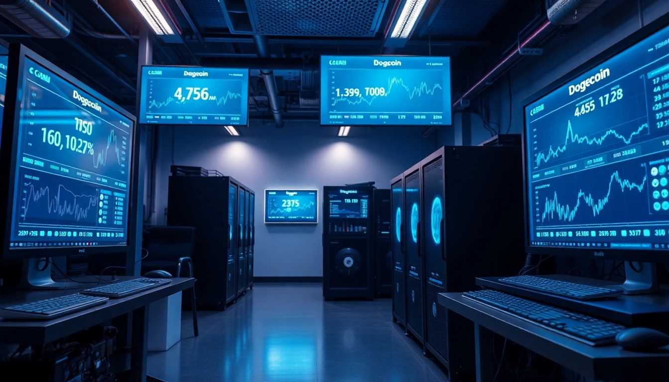 High-tech Dogecoin cloud mining setup featuring ASIC miners and trading screens.