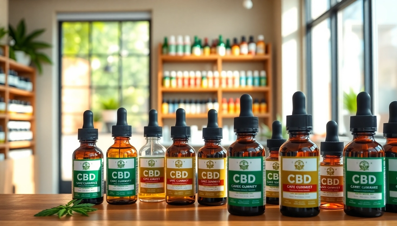 Showcasing CBD products in a vibrant shop displaying oils and gummies.