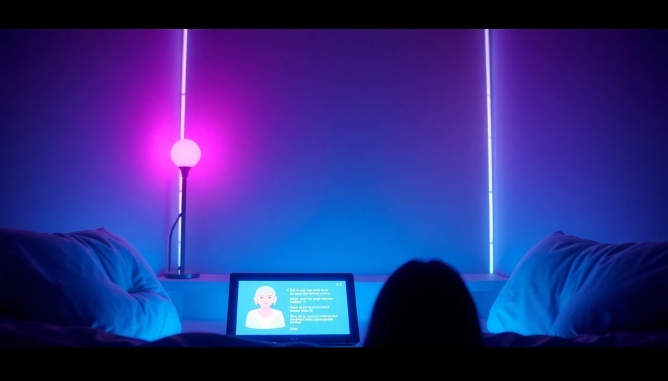 Intimate scene of ai porn chat in a cozy, futuristic chat environment with glowing screens.