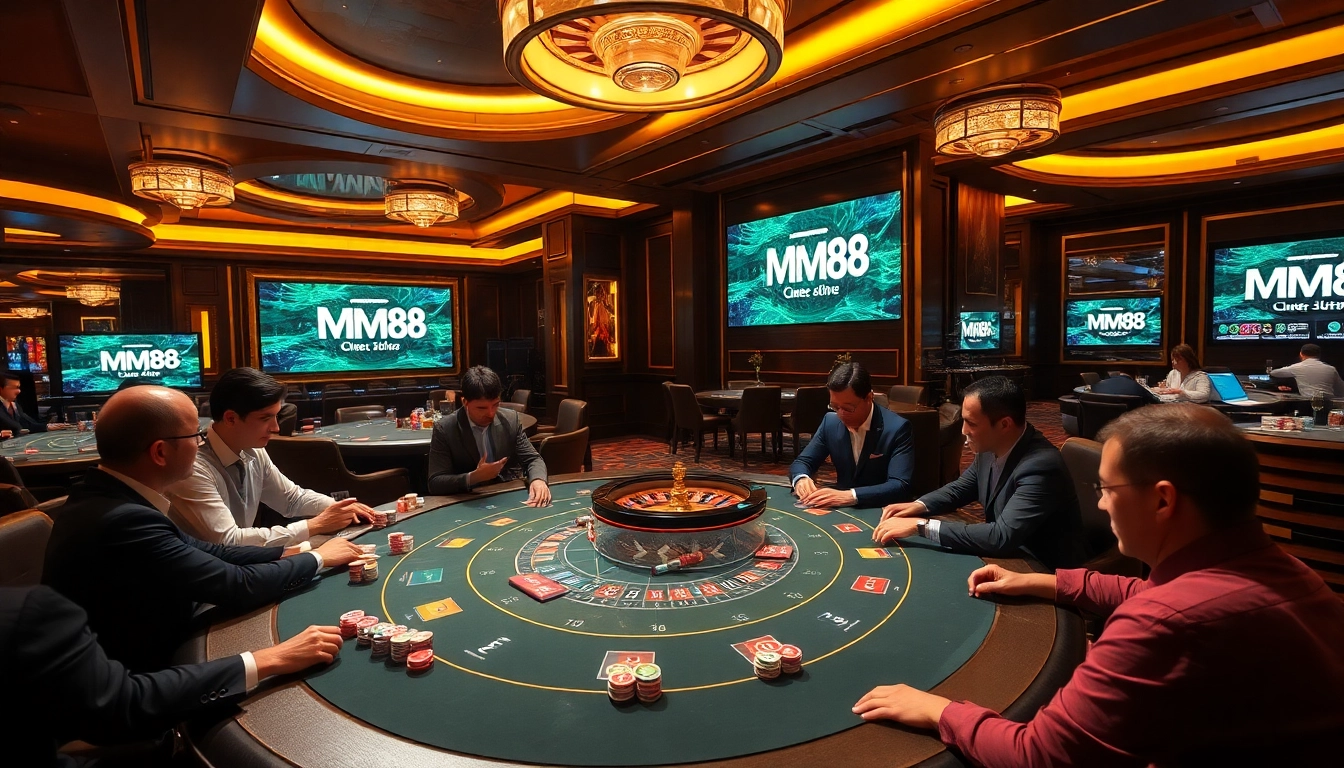 Players at a luxurious MM88 casino poker table enjoying thrilling gambling experiences
