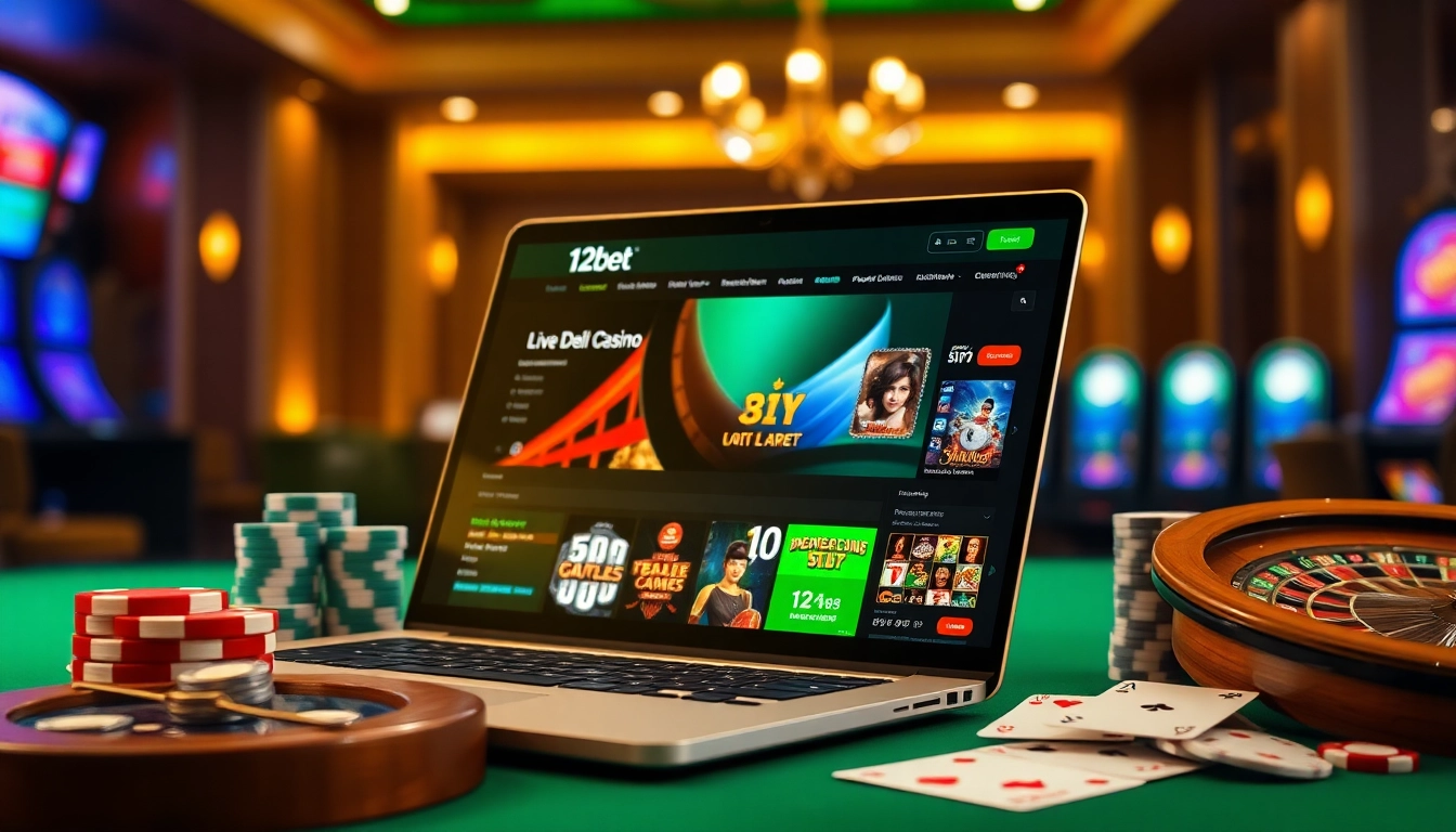 Engaging and vibrant link 12bet online gambling interface with casino elements.
