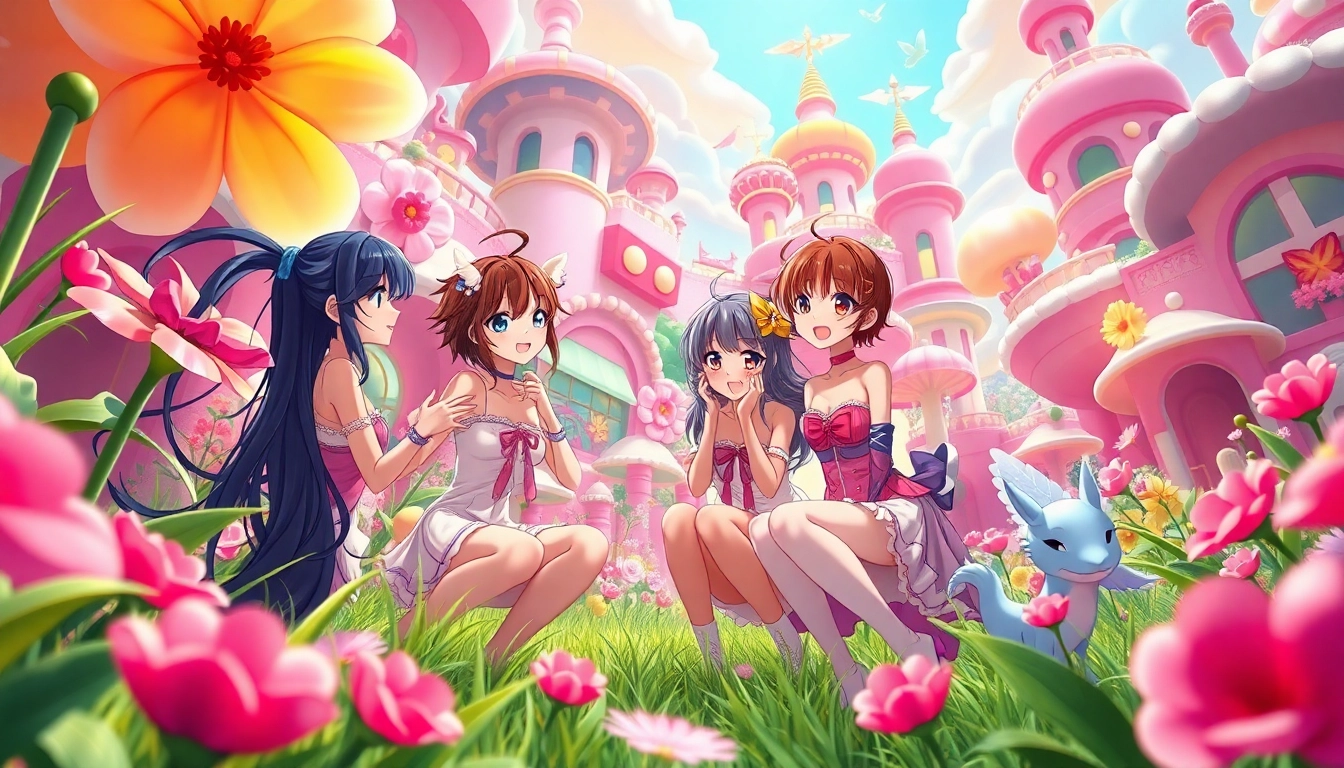 Anime sex characters in a vibrant, fantastical landscape, engaging playfully and suggestively.