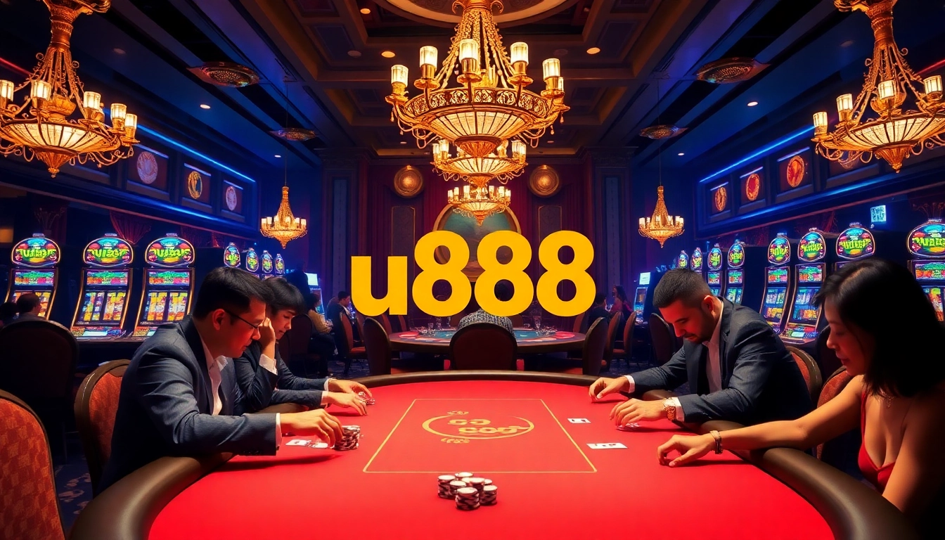 Experience thrilling poker action at u888 with vibrant chips and cards in a luxurious casino setting.