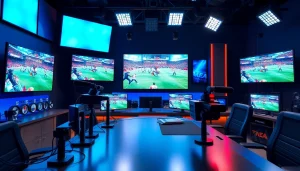 Engaging setup for Sports Broadcasting showcasing a modern studio with dynamic game visuals.