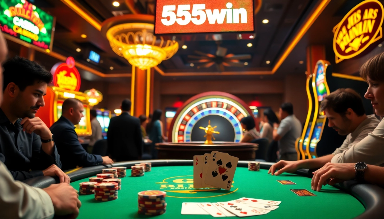 Experience the thrill of 555win at an elegant casino table, filled with vibrant chips and cards.