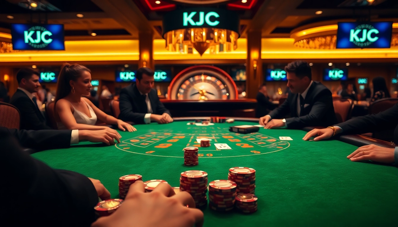 Intense blackjack game unfolding at a casino table featuring KJC branded decor with poker chips and cards.