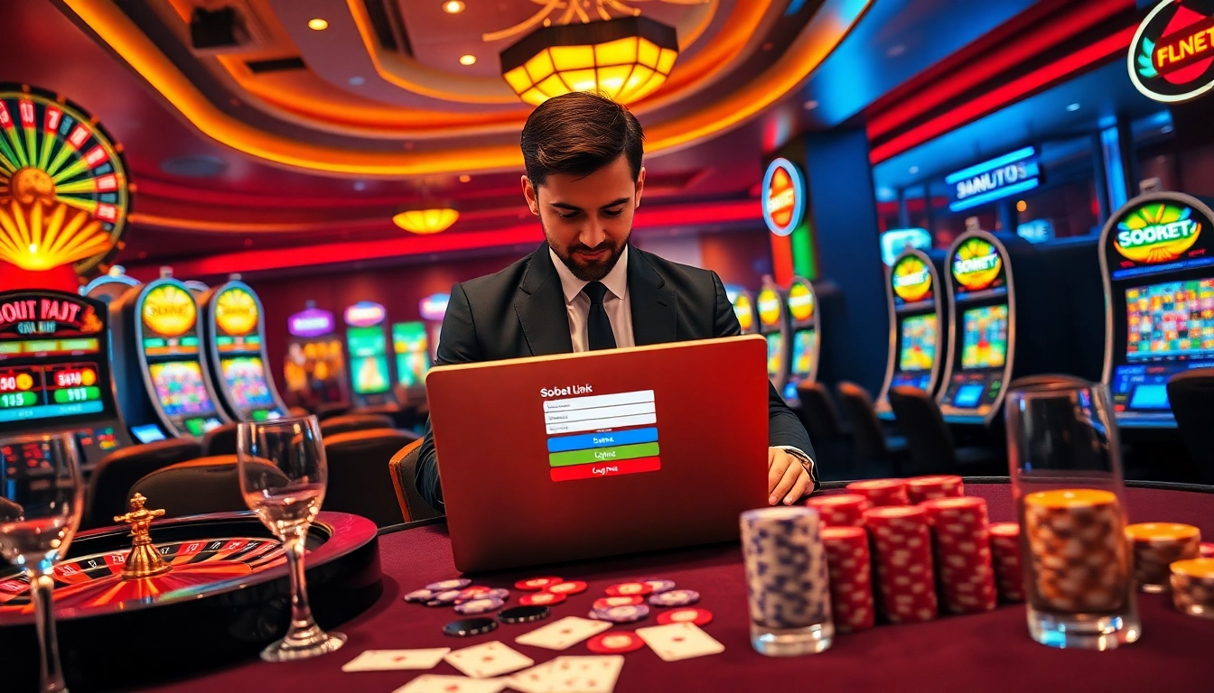 Experience the sbobet link login at a vibrant casino scene, highlighting thrilling gambling interactions.