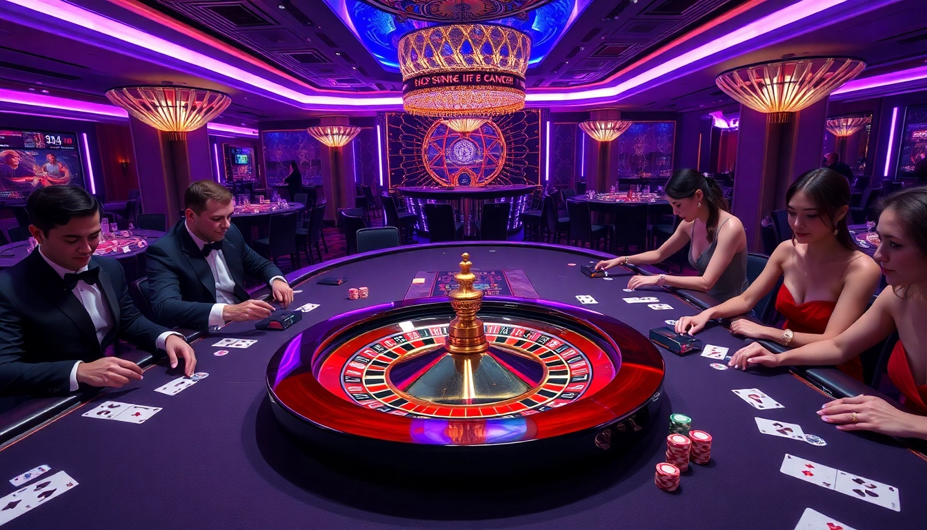 SODO66 casino scene showcasing excited players at poker and roulette tables in a luxurious setting.