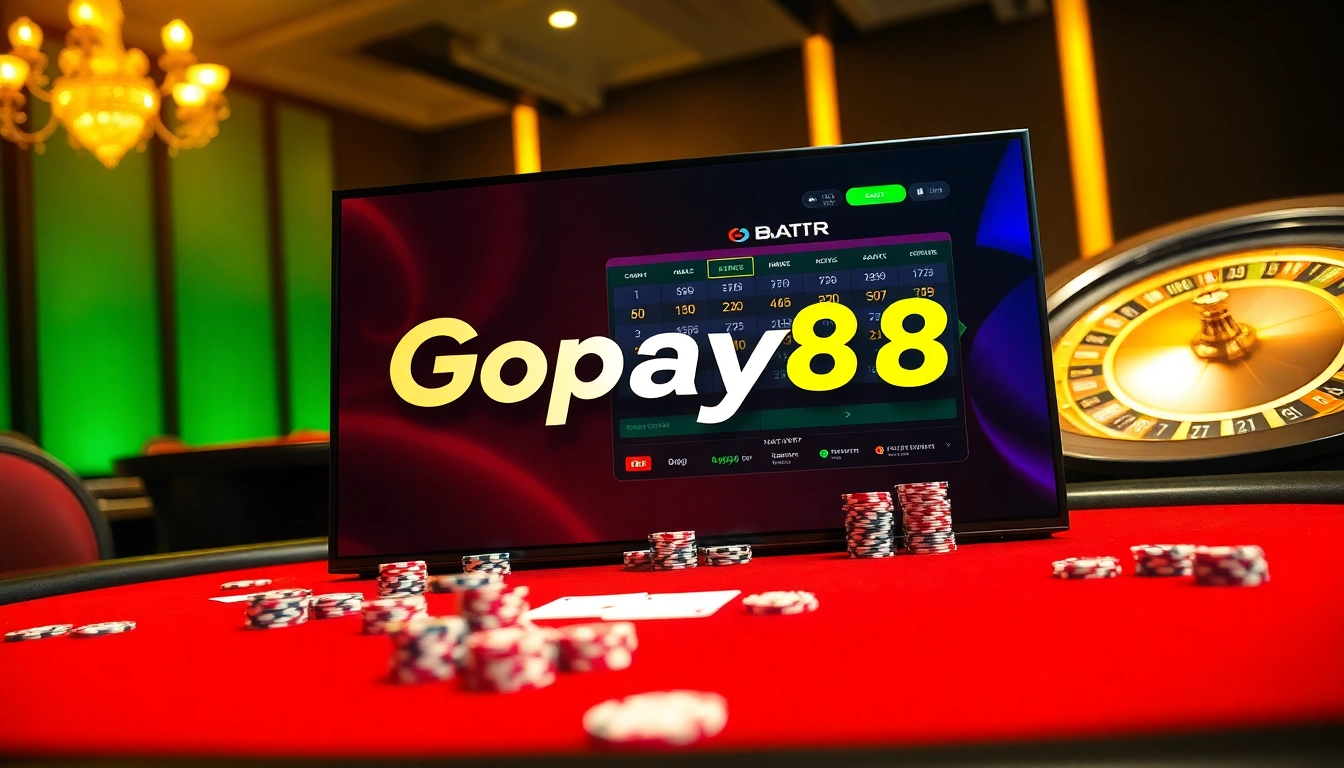 Experience the thrill of Gopay88 Daftar with a vibrant casino atmosphere featuring poker chips and a roulette wheel.