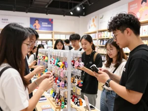 Colorful custom key chains on display in a vibrant retail environment, showcasing unique designs and customer engagement.