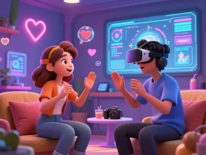 Engaging NSFW AI character chat in a vibrant digital room with playful neon lighting.