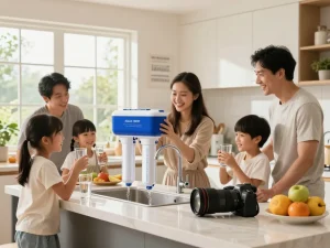 AQUA CREST GXRTQR Inline Water Filter in a family kitchen, highlighting pure water enjoyment.
