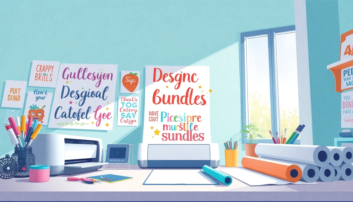 Crafting workspace showcasing design bundles SVG files and Cricut machine.