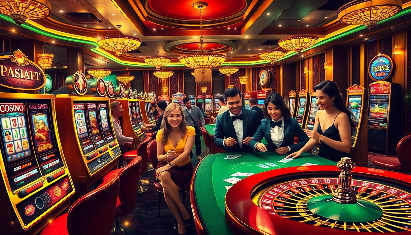 Engage in exciting gameplay with idnslot at a lavish casino featuring vibrant slot machines and tables.