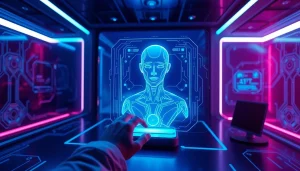 Futuristic scene of a user interacting with an NSFW AI chatbot interface, highlighting innovative technology.