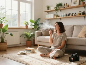 dispositivo vape thcpuff thc usa e getta che promuove il benessere naturale, olio di CBD ed estratto di canapa in un ambiente domestico accogliente.