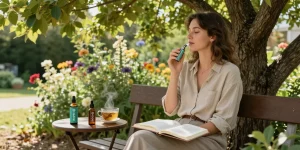 thc disposable vape for wellness, organic CBD oil, relaxing outdoor setting with natural beauty.