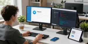 Developer engaged in Telegram download setup in a modern workspace.