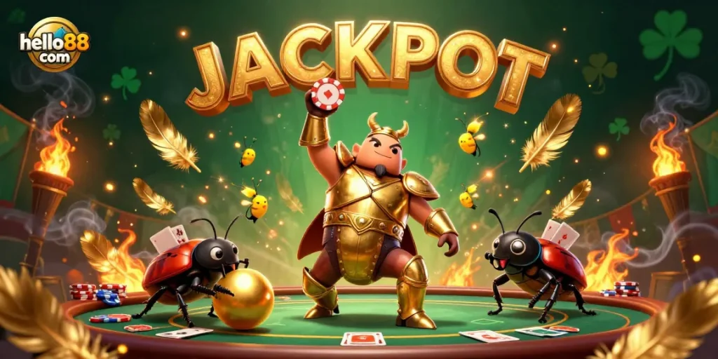 Engage in thrilling action at hello88 com with a victorious beetle champion lifting a poker chip.